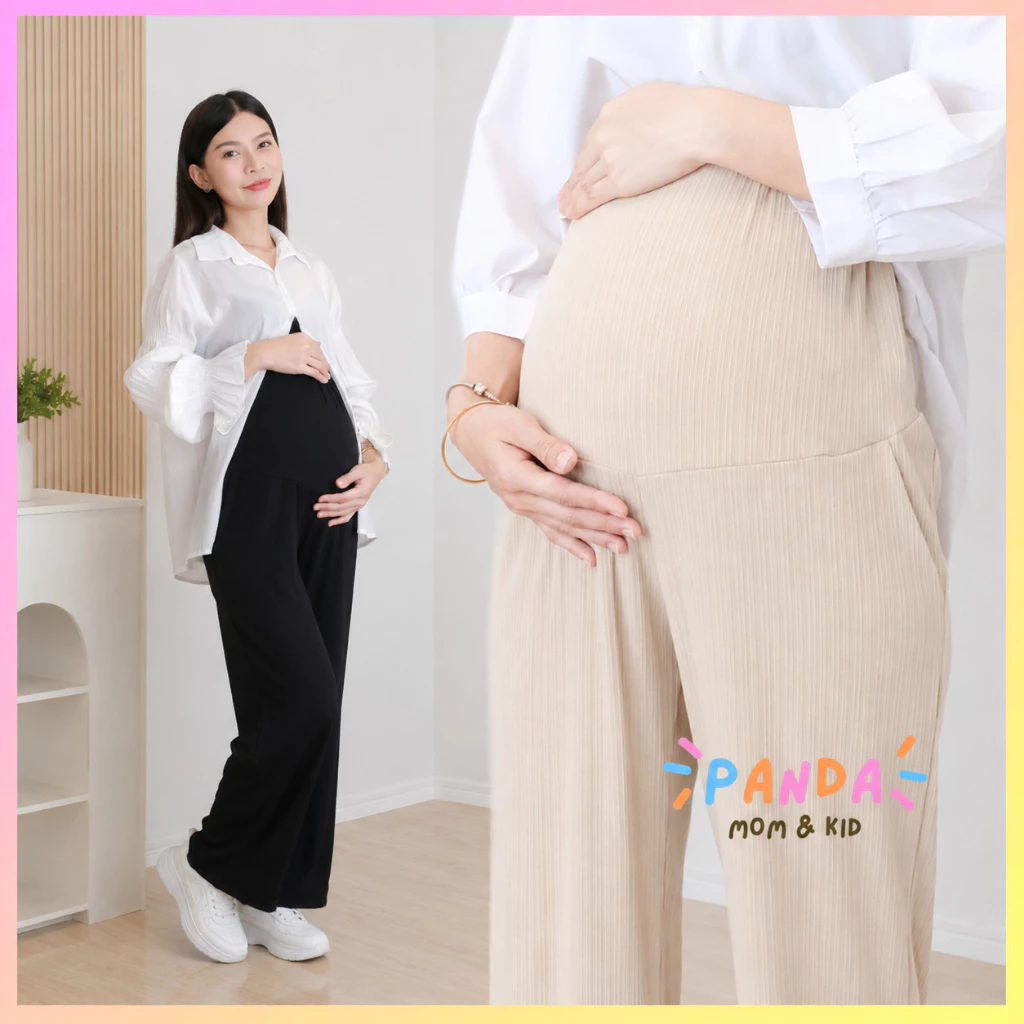 PANDA กางเกงคนท้อง ขายาว ผ้าร่องลิซ่า มีกระเป๋า มีสายปรับกระดุม