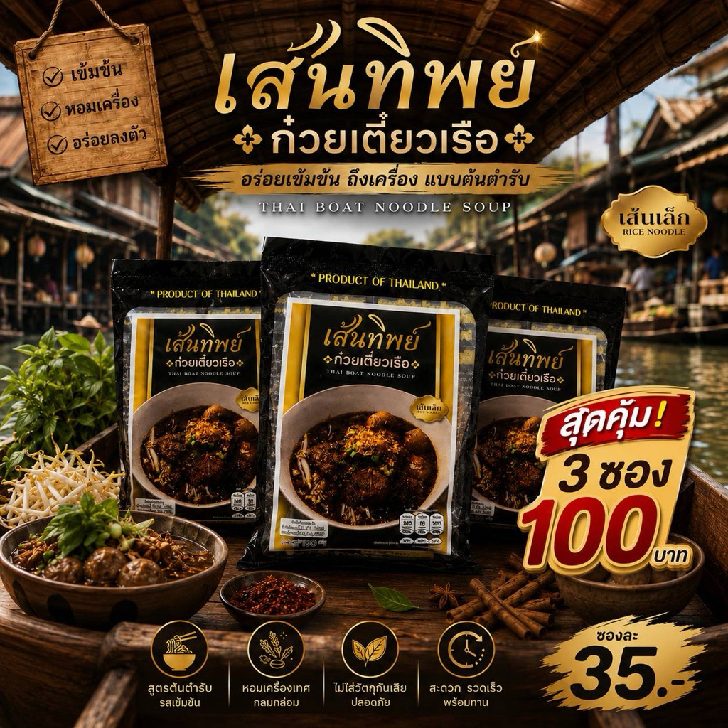 ก๋วยเตี๋ยวเรือเส้นทิพย์ เส้นเล็ก ( 3ซอง )