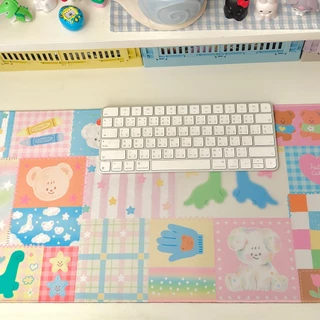 Giant mousepad/Desk mat : Lovely patches ที่รองเมาส์ขนาดใหญ่ลายตาราเย็บผ้าน่ารัก ไดโน 80x30cm | Stickwithme4ev