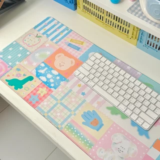 Giant mousepad/Desk mat : Lovely patches ที่รองเมาส์ขนาดใหญ่ลายตาราเย็บผ้าน่ารัก ไดโน 80x30cm | Stickwithme4ev