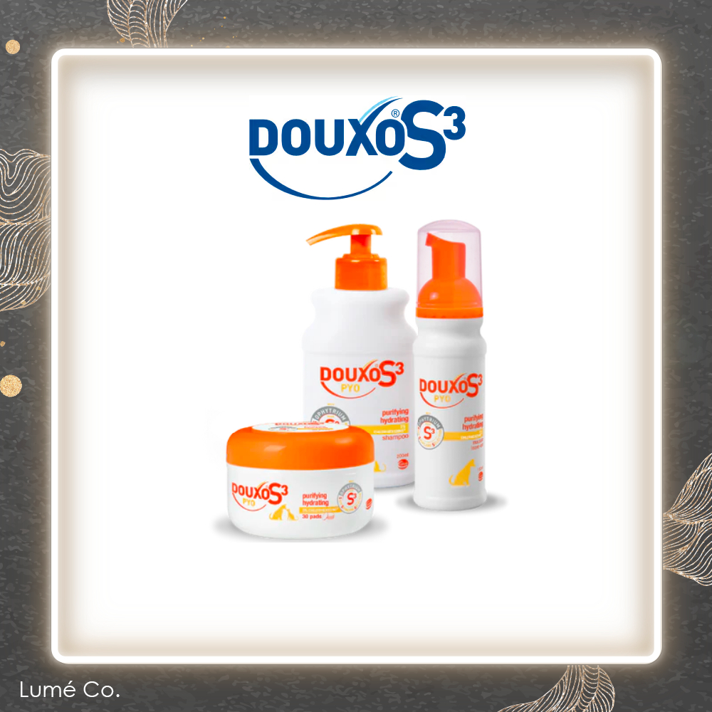 Douxo S3 PYO Shampoo, PYO Mousse, PYO Wipes 30 แผ่น สำหรับสุนัขและแมว แผ่นเช็ดทำความสะอาด