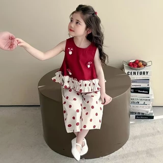 Babyonline(Y459)I4 (ส่งด่วน1วัน)ชุดเซ็ตเสื้อแขนกุดกางเกงขายาวสำหรับเด็กผู้หญิง ใส่สบาย ระบายอากาศ