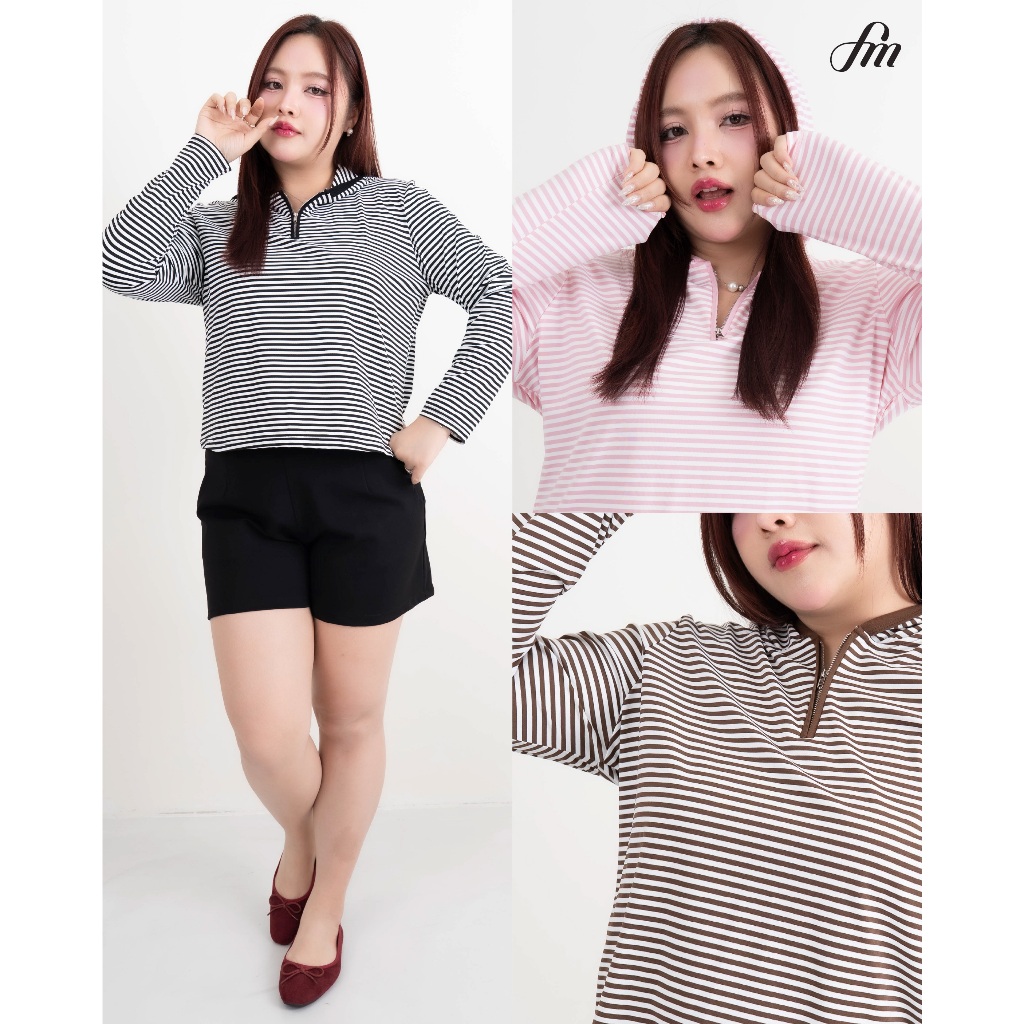 FAMOUS เสื้อลายริ้วแขนยาว มีฮู้ด #FMBL-G3T078