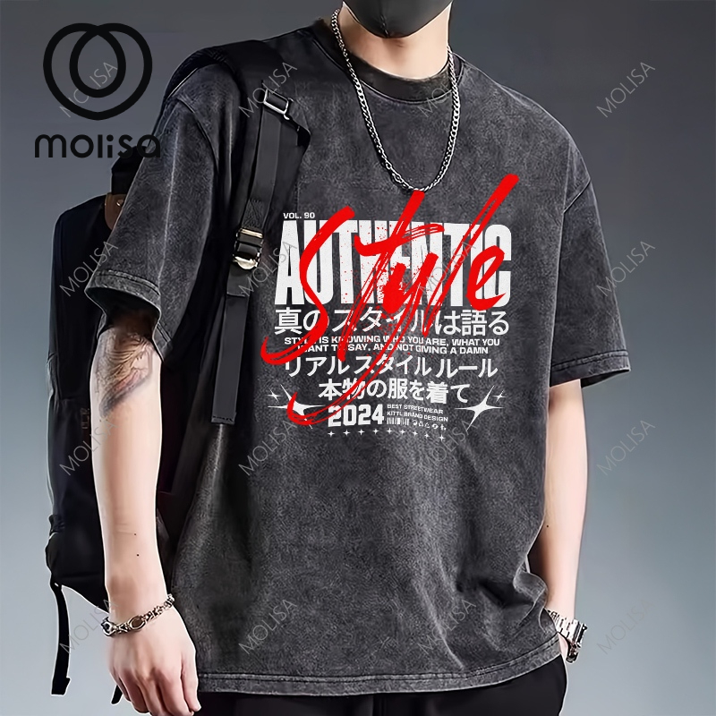 Molisa เสื้อยืดผ้าฟอก เสื้อยืด Oversize ชาย เกรดพรีเมียม Cotton 100% เสื้อยืดผู้ชายเท่ๆ ระบายอากาศดี 68114#