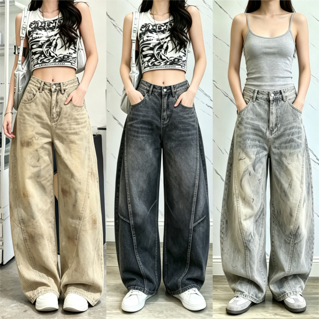 S-3XL baggy jeans ทรงบาเรล กางเกงบาร์เรล ปัก ใส่ได้ หญิง - ชาย