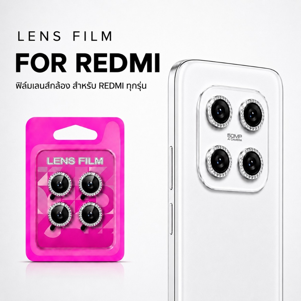 JC168 (003) ฟิล์มเลนส์กล้องแบบใหม่ กล้องบล๊อกแบบเพชร ติดง่าย แค่วาง สำหรับ XIAOMI REDMI Note13 4G Note13Pro 4G