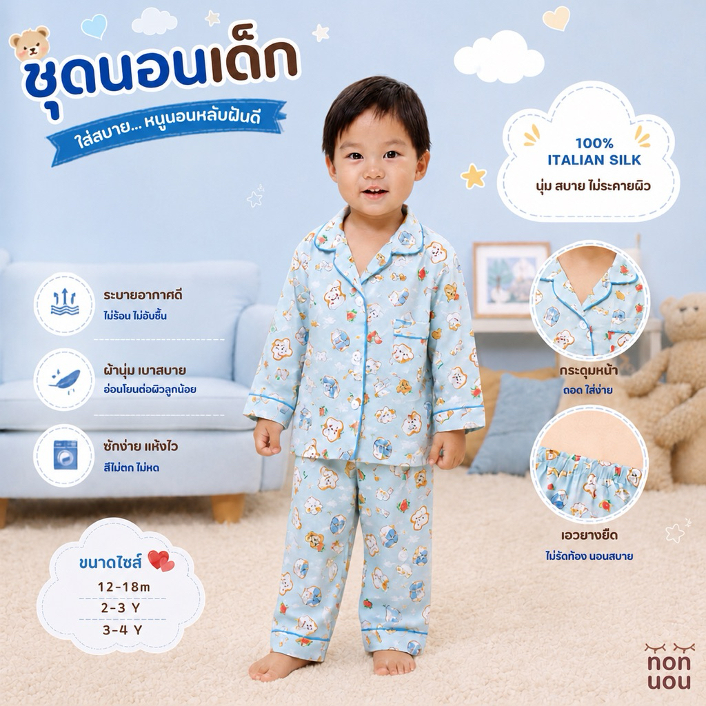 Nonnon ชุดนอนเด็ก ชุดนอนเด็กแขนยาวขายาว Nonnon pajamas ชุดนอนเด็กผ้าไหมอิตาลี่ ขนาด 12-18M, 2-3Y, 3-4Y สำหรับเด็กเล็ก