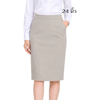 กระโปรงทรงสอบเกร็ดคู่เป๋าเฉียงผ่าเกรยหลังผ้าโรเชฟ24”