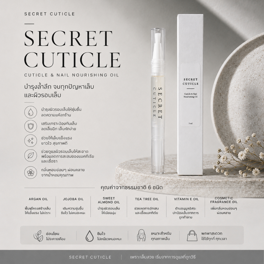 SECRET CUTICLE น้ำมันบำรุงเล็บและจมูกเล็บ Cuticle Oil Pen 3ml | Jojoba Oil + Almond Oil + Vitamin E