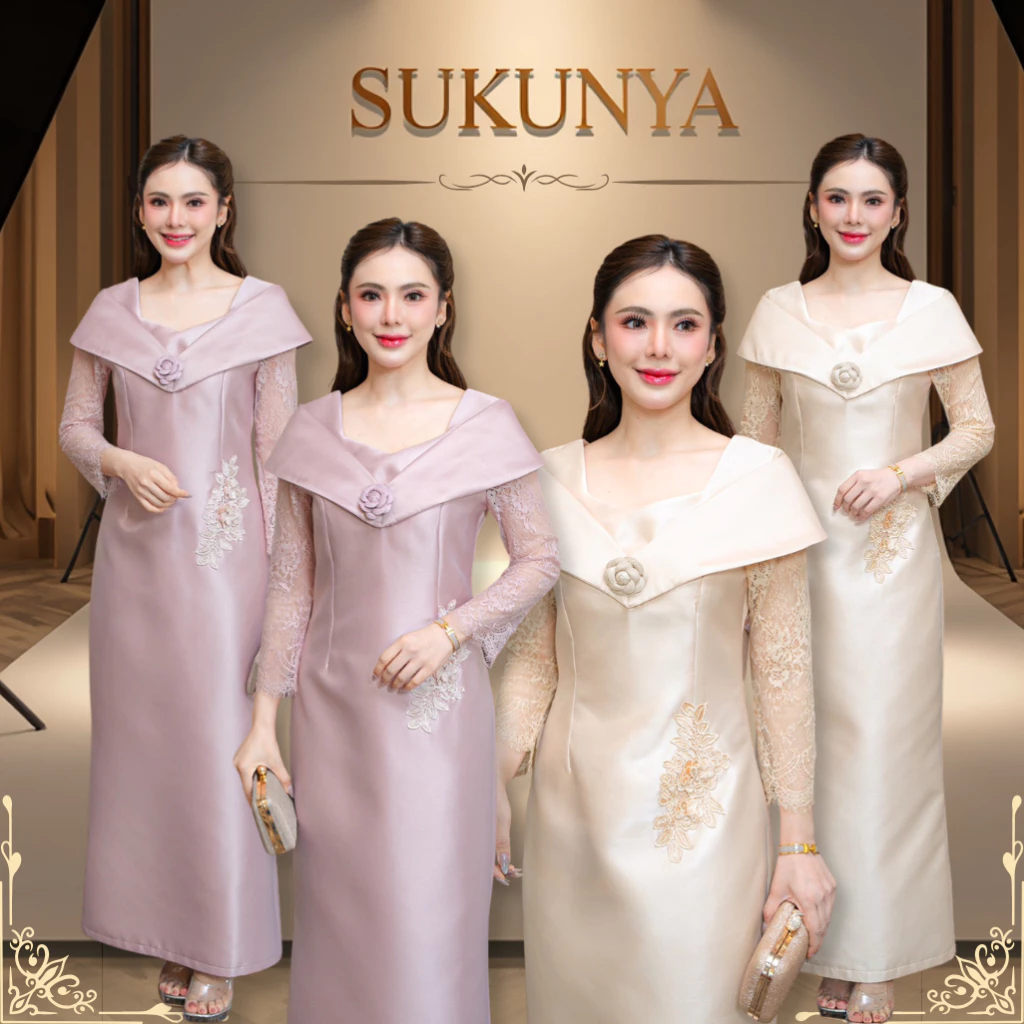 Sukunya 6446 : ชุดราตรียาวสไตล์ Portrait Gown ตัดเย็บจากผ้าไหมญี่ปุ่นเนื้อหนาคุณภาพดี เน้นความสง่างามแบบเรียบหรู