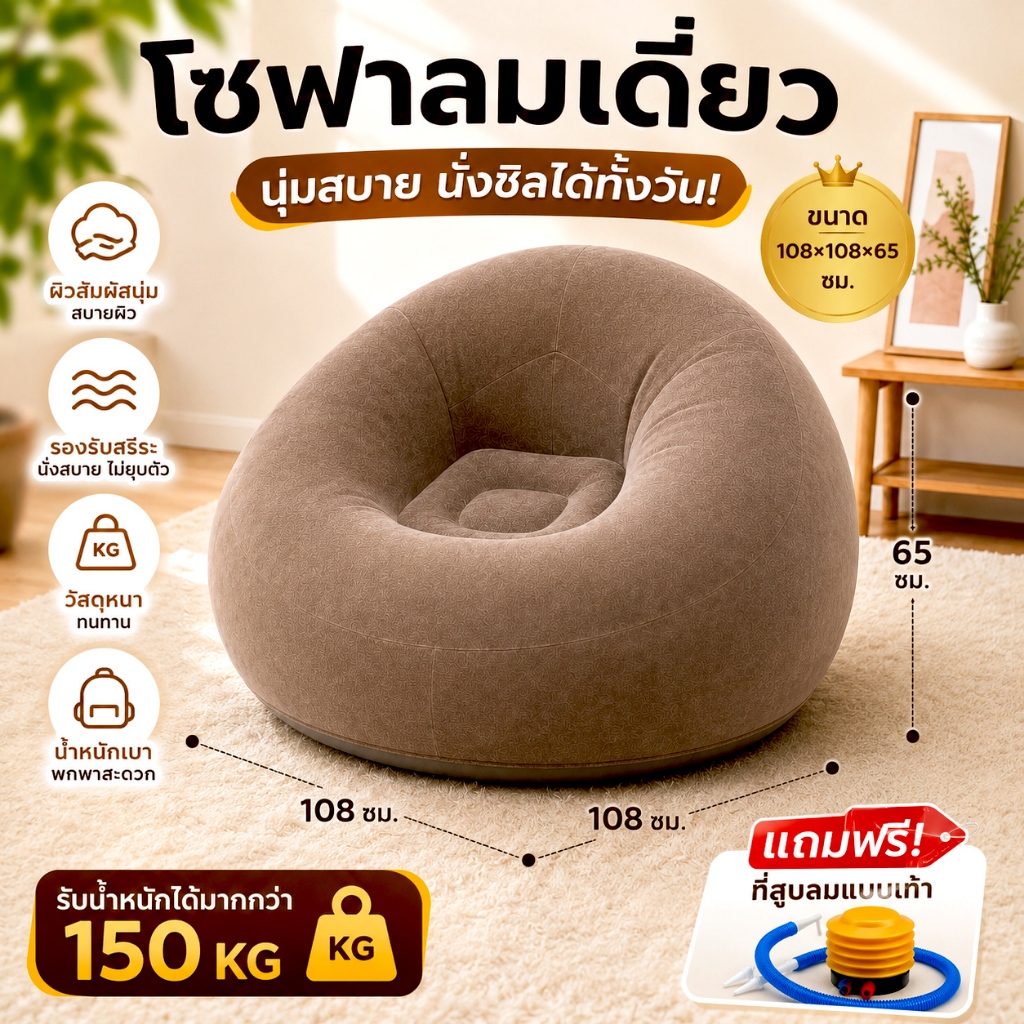 โซฟาเดี่ยวเป่าลม เก้าอี้เป่าลมมินิ โซฟาเป่าลมแบบพกพาได้ Flocking PVC ใช้ได้ทั้งเด็กและผู้ใหญ่ เก้าอี้เป่าลมนุ่มสบาย