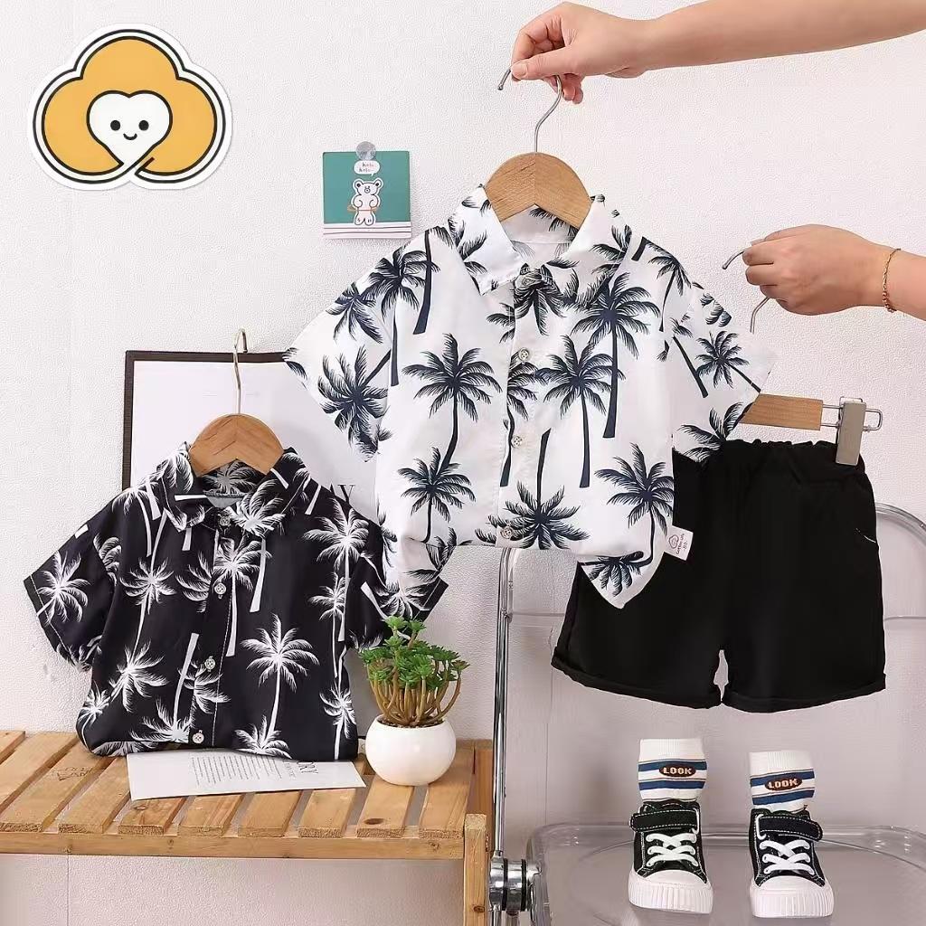 [Cotton LIfe] ชุดเสื้อเชิ้ตสั้นลายต้นมะพร้าว+กางเกงขาสั้นเด็กผู้ชาย ผ้าเบาระบายอากาศ เหมาะเที่ยวทะเล อายุ 0-5 ปี