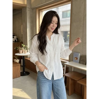 B701 เสื้อเชิ้ตคอตั้ง แต่งฉลุ แขนพอง เรียบหรู ใส่ได้ทุกโอกาส