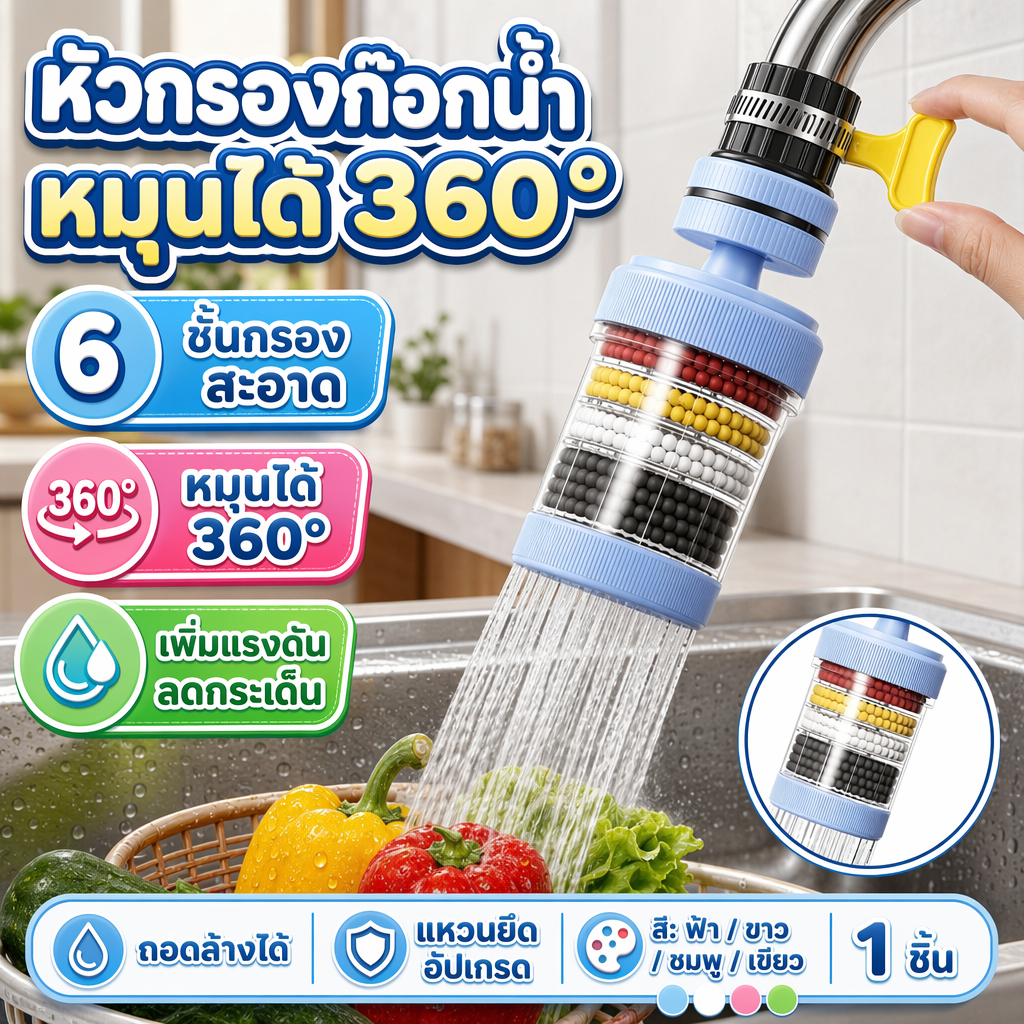หัวต่อก๊อกน้ำ หมุนได้360° ชั้นกรอง6ชั้น กันน้ำกระเด็น น้ำยืด-หดได้ อัปเกรดแหวนยึด หัวกรองน้ water purifier💧
