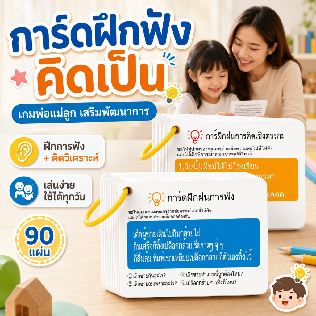 CODบัตรคำฝึกสมาธิ ฝึกความจำ ฝึกคิดวิเคราะห์ การ์ดคำถามเสริมพัฒนาการเด็ก เกมฝึกสมอง กิจกรรมพ่อแม่ลูก 90 ใบ