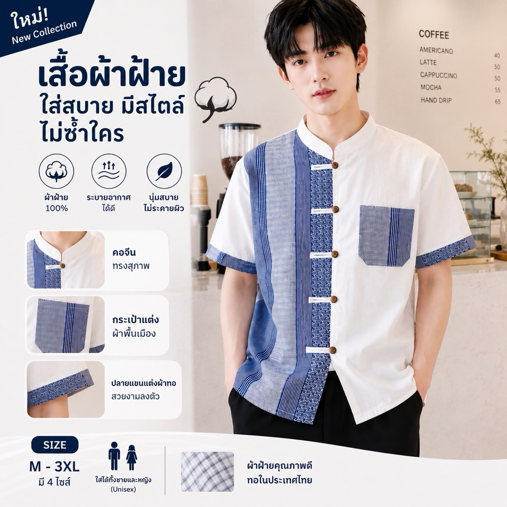 เสื้อผ้าฝ้ายผู้ชาย ทูโทน คอจีน ลายบาร์โค้ด แต่งกระดุมไม้ ผ้านุ่ม ใส่สบาย ไม่ร้อน