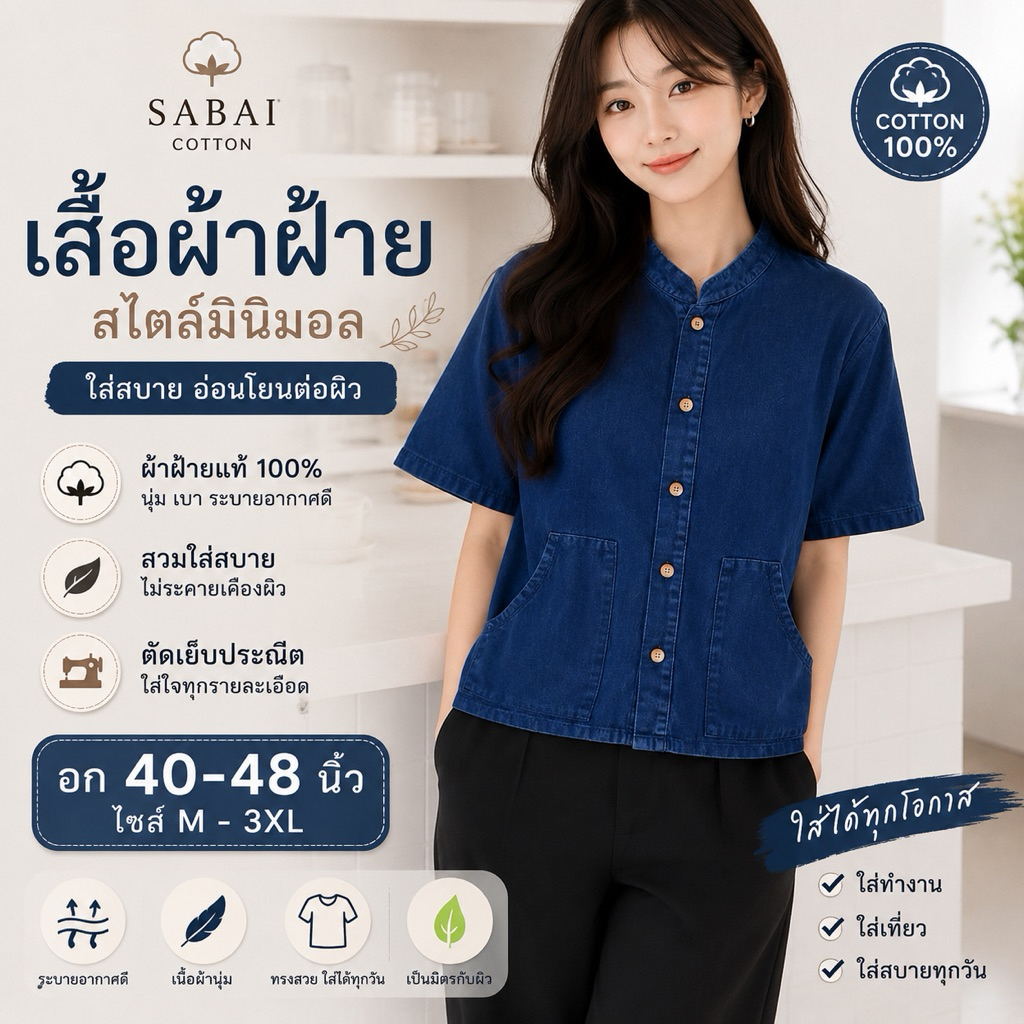 เสื้อหม้อฮ่อมลำพูน คอจีน แขนสั้น มีกระเป๋าปืน กระดุมไม้ งานทำมือ ผ้าฝ้ายใส่สบาย ระบายอากาศได้ดีทรงสุภาพ