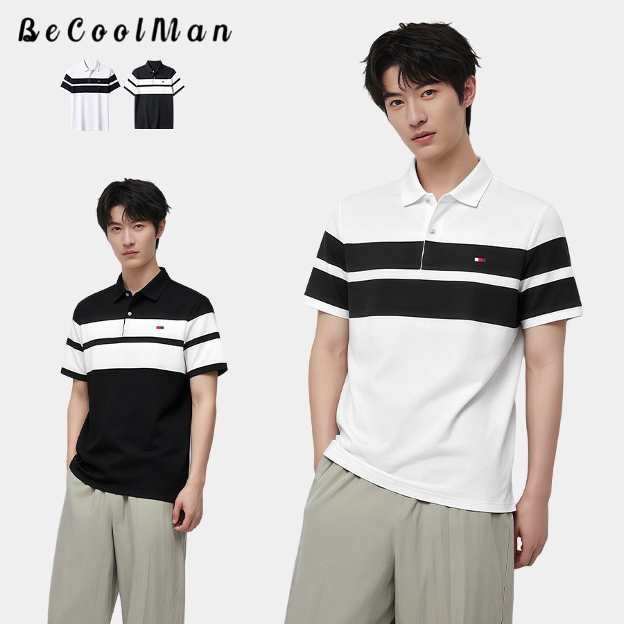 💥BecoolMan💥ผู้ชายฤดูร้อน แขนสั้นแบบบาง ธุรกิจลำลอง เสื้อโปโลคอพับ ลายเส้นสีตัดกัน แฟชั่น แมทช์ง่าย รุ่นใหม่