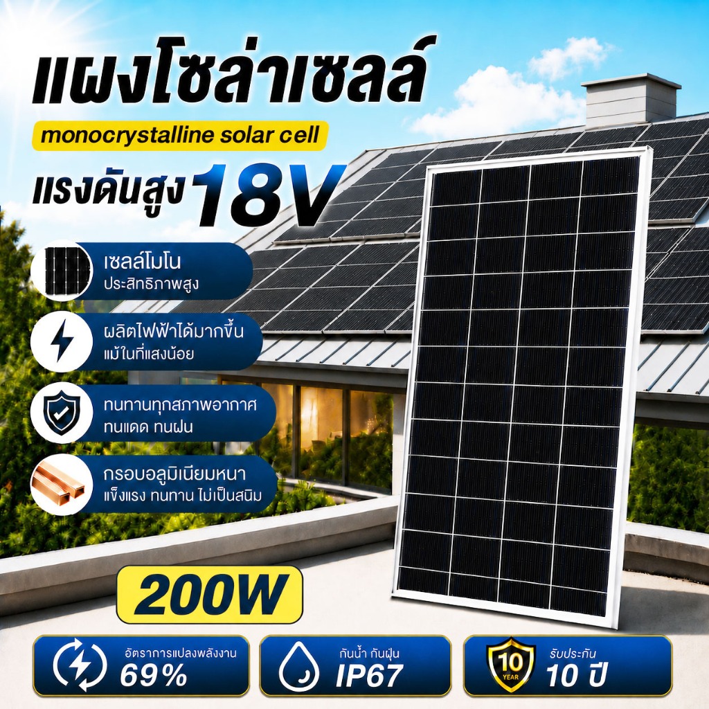 [COD] 10W 20W 30W 50W 100W 200W 18V แผงโซลาร์เซลล์คริสตัลเดี่ยว (การออกแบบขนาดกะทัดรัด)