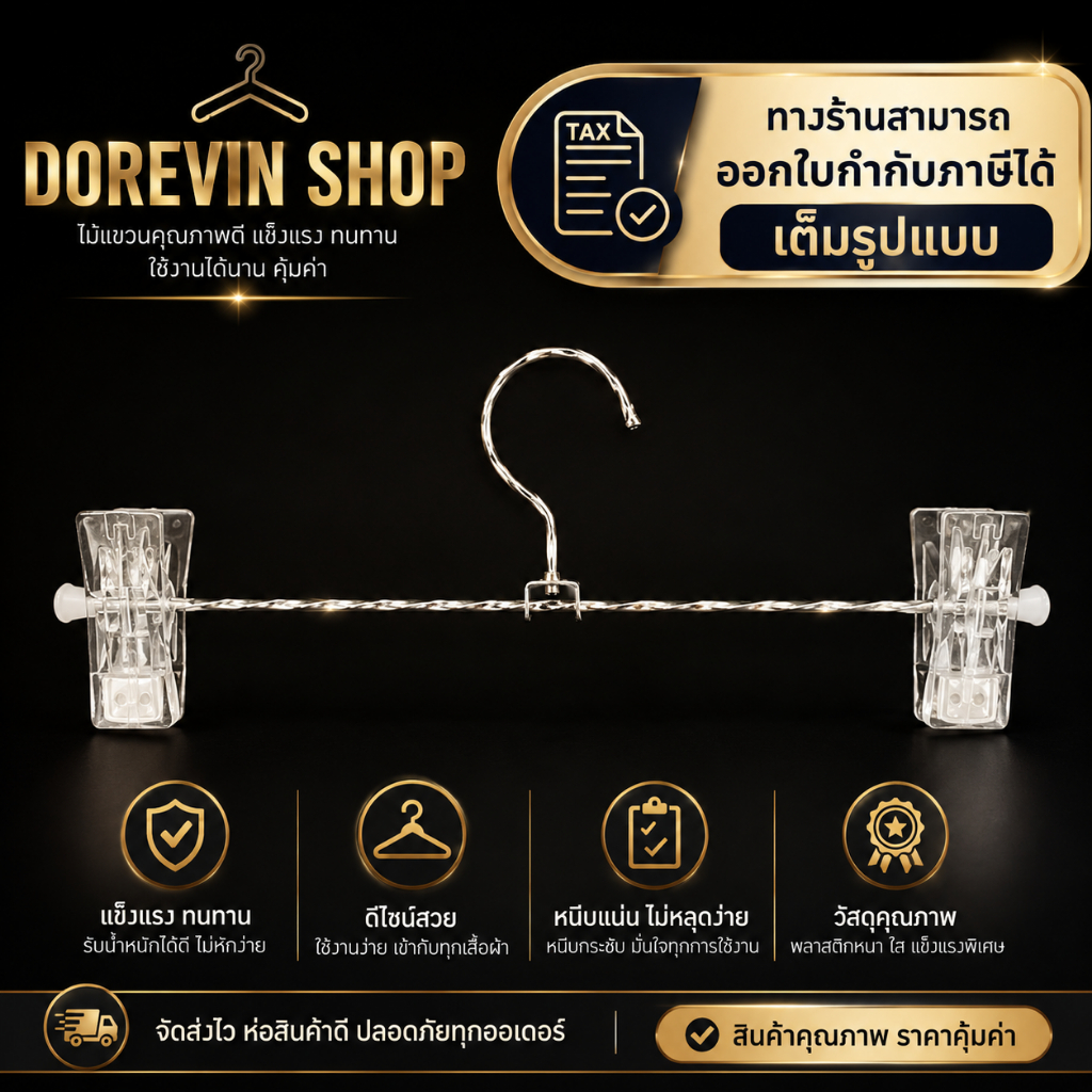 [ไม้หนีบเกลียวใส] ไม้แขวน หนีบ กางเกง วัสดุเหล็กเกลียว พร้อมกิ๊ฟพลาสติกใสด้านข้าง 12 ชิ้น/แพ็ค