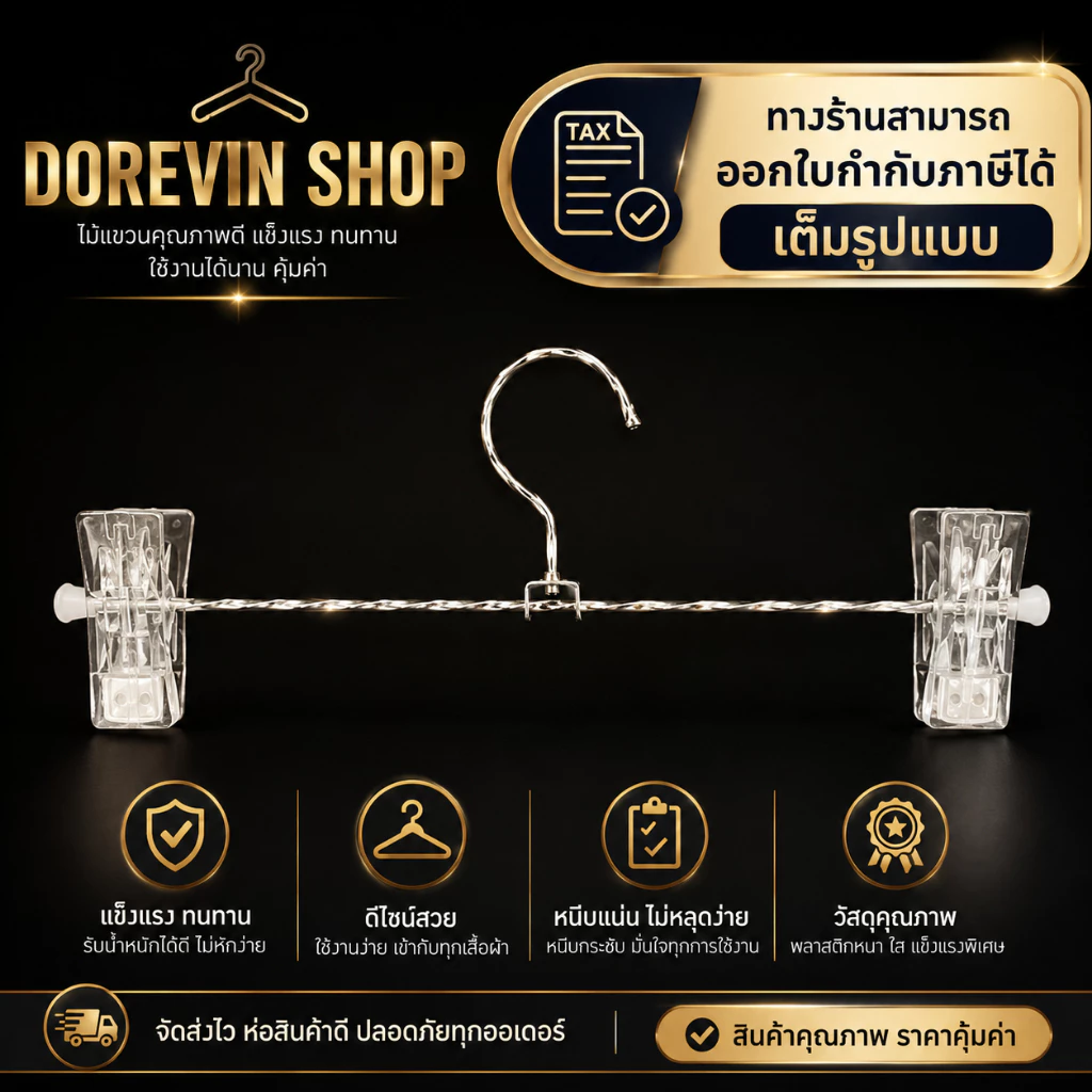 [ไม้หนีบเกลียวใส] ไม้แขวน หนีบ กางเกง วัสดุเหล็กเกลียว พร้อมกิ๊ฟพลาสติกใสด้านข้าง 12 ชิ้น/แพ็ค