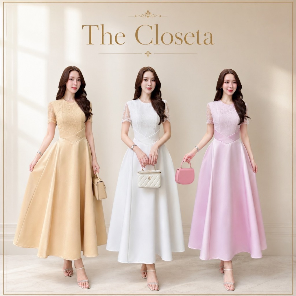 THE CLOSETA : LB647 ชุดเดรสออกงานสวยหรู เดรสลูกไม้กระโปรงบาน