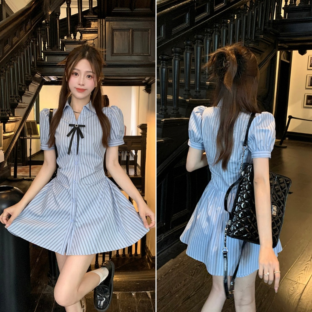 cherryshop พร้อมส่ง ชุดเดรสลายทางแนวตั้งติดกระดุมแถวเดียวสำหรับฤดูร้อนใหม่ ทรงเอไลน์สลิมฟิต น่ารักสดใส สไตล์ฝรั่งเศส