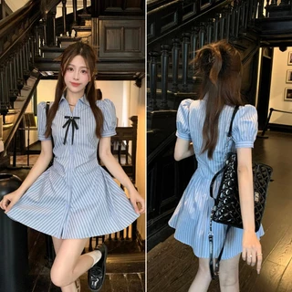 cherryshop พร้อมส่ง ชุดเดรสลายทางแนวตั้งติดกระดุมแถวเดียวสำหรับฤดูร้อนใหม่ ทรงเอไลน์สลิมฟิต น่ารักสดใส สไตล์ฝรั่งเศส
