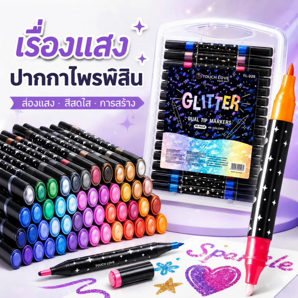 ปากกาเมจิกกลิตเตอร์สองสี, ผงกลิตเตอร์ 12/24/48/36 สี, ปากกาบีมมาร์กเกอร์, ปากกาสีน้ำ, ปากกาไฮไลท์, ปากกาเลเซอร์