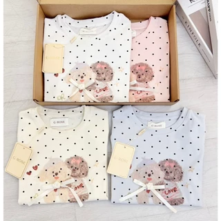3 สี - เสื้อครอปคอกลมแขนเต่อ ลายจุด พิมพ์ลายน่ารักแต่งโบว์ที่อก งานน่ารัก ผ้านิ่ม เกาหลีสุดๆ G-rose (G034)