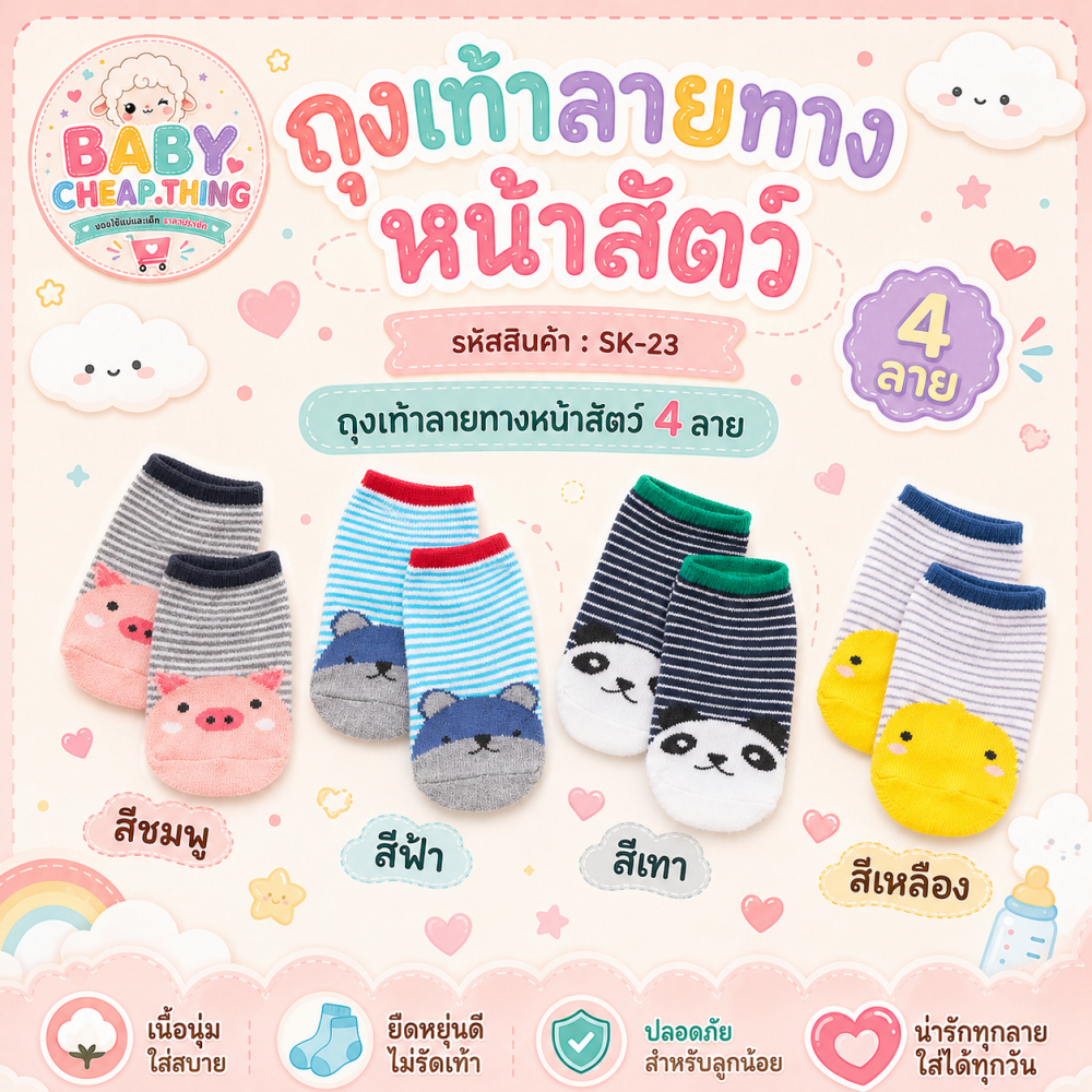 ☆ ถุงเท้าเด็ก (Sk23) - ลายทางหน้าสัตว์ 4 ลาย