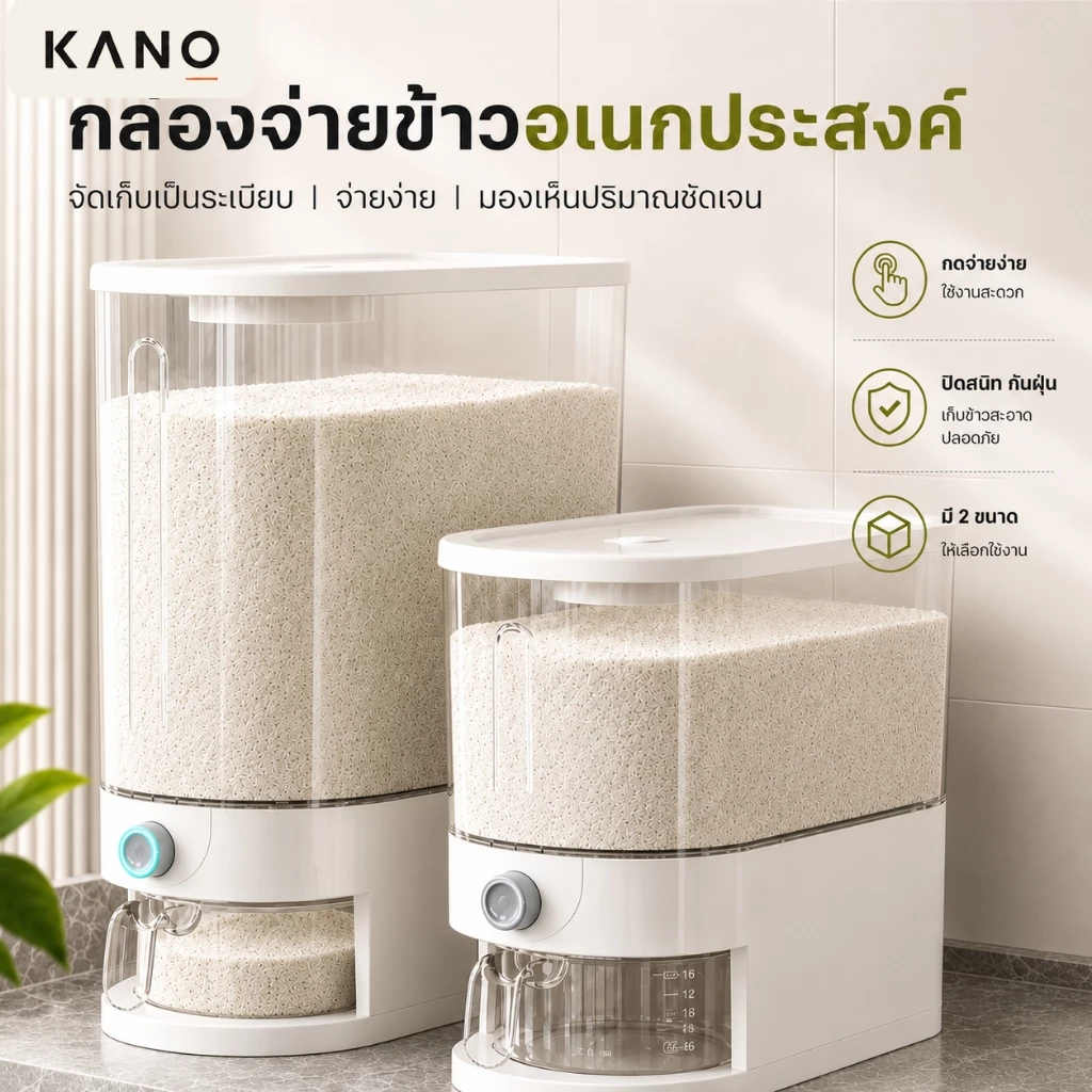 KANO ถังข้าวสาร ข้าวสาร กล่องเก็บข้าวสารป้องกันความชื้น ใช้งานสะดวก กดปุ่ม ข้าวจะไหลออกมาเอ