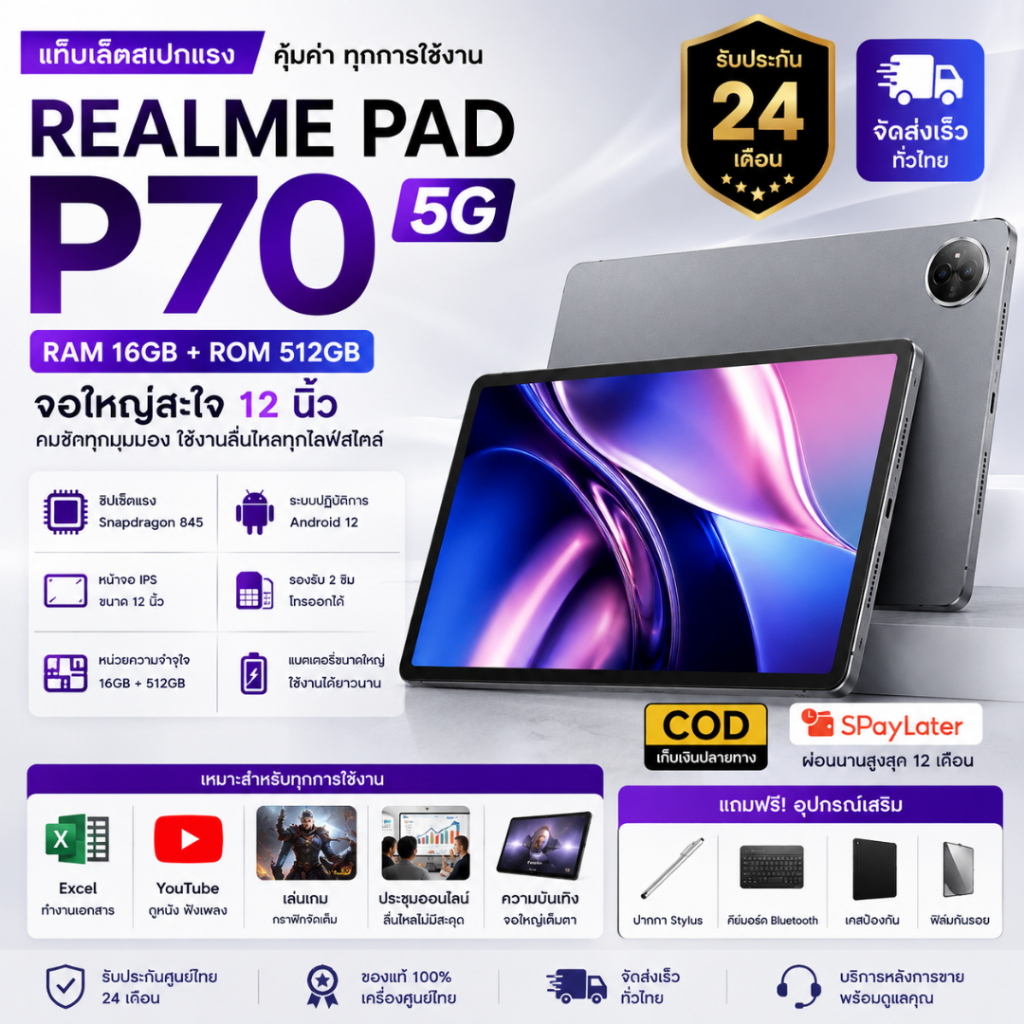 Realme Pad 5G 16GB+512GB แท็บเล็ต Android 12 จอ IPS 12" ใส่ซิม 2 ซิม รองรับ เล่นลื่น เรียน ทำงาน