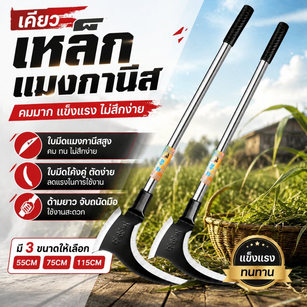 เคียว เคียวแมงกานีส 2in1เคียวด้ามยาว ตัดไม้ ตัดหญ้า ตัดแต่งกิ่ง อเนกประสงค์ เครื่องมือการเกษตร มีดคายหญ่า คมแข็งแรงทนทาน