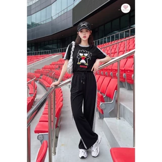 (มี3XL) มี 3 สี New Cute Set ผ้าวอร์มนาโนเนื้อนิ่ม เสื้อยืดปักลาย + กางเกงขายาวมีกระเป๋าข้างเอวสม็อคแต่งแถบข้าง