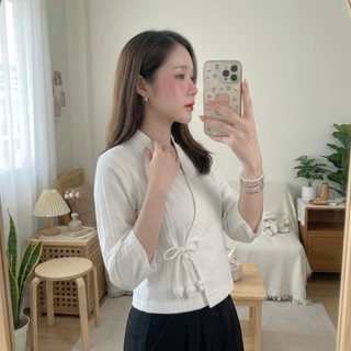 เสื้อผ้าฝ้ายด๊อบบี้ เสื้อทรงป้ายเจ้านาง ผูกโบว์ดอกกุหลาบ เนื้อนุ่มใส่สบาย ตัวผ้าทอลายนูนมีเอกลักษณ์