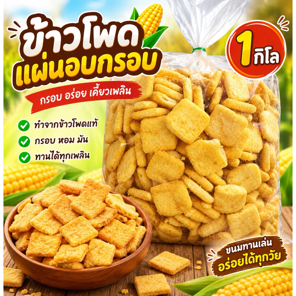 ข้าวโพดแผ่น คล้ายคอร์นพัพ 1 กิโลกรัมและครึ่งกิโล ผงปรุงเข้มข้น กรอบ หอม อร่อย