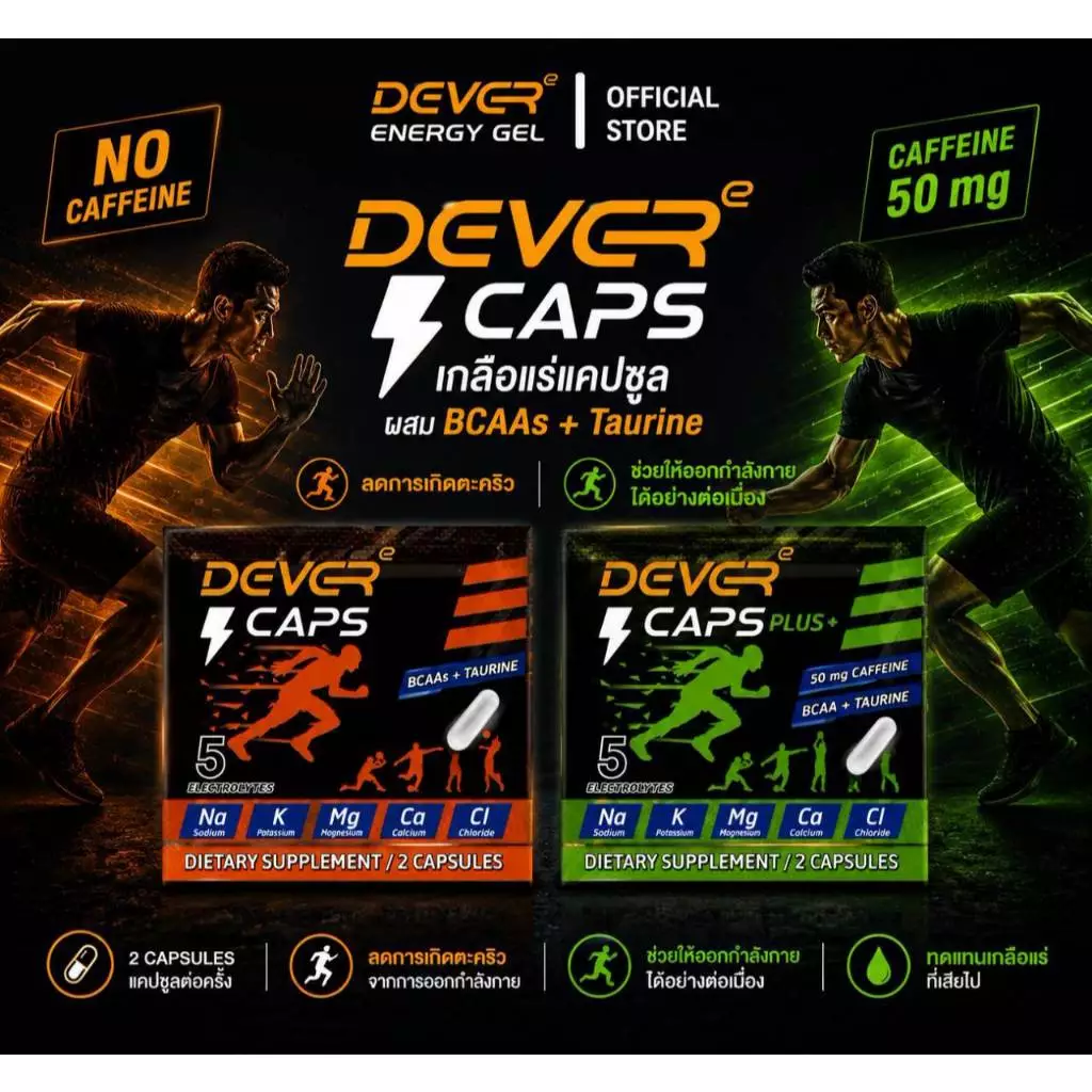 DEVER CAPS เกลือแร่แคปซูล>1ซอง(2เม็ด)Electrolyte BCAAs +Taurine คาเฟอีน/ไม่มีคาเฟอีน สำหรับนักวิ่งนักกีฬา ทดแทนเกลือแร่