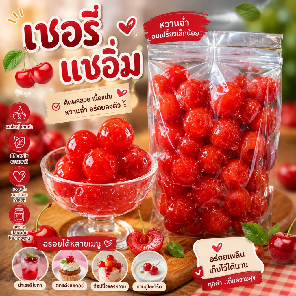 เชอร์รี่แช่อิ่ม1กิโลกรัม เชอร์รี่ อบแห้ง ผลไม้อบแห้ง ผลไม้แช่อิ่ม หวาน อร่อย เม็ดใหญ่ Fruit Cherry