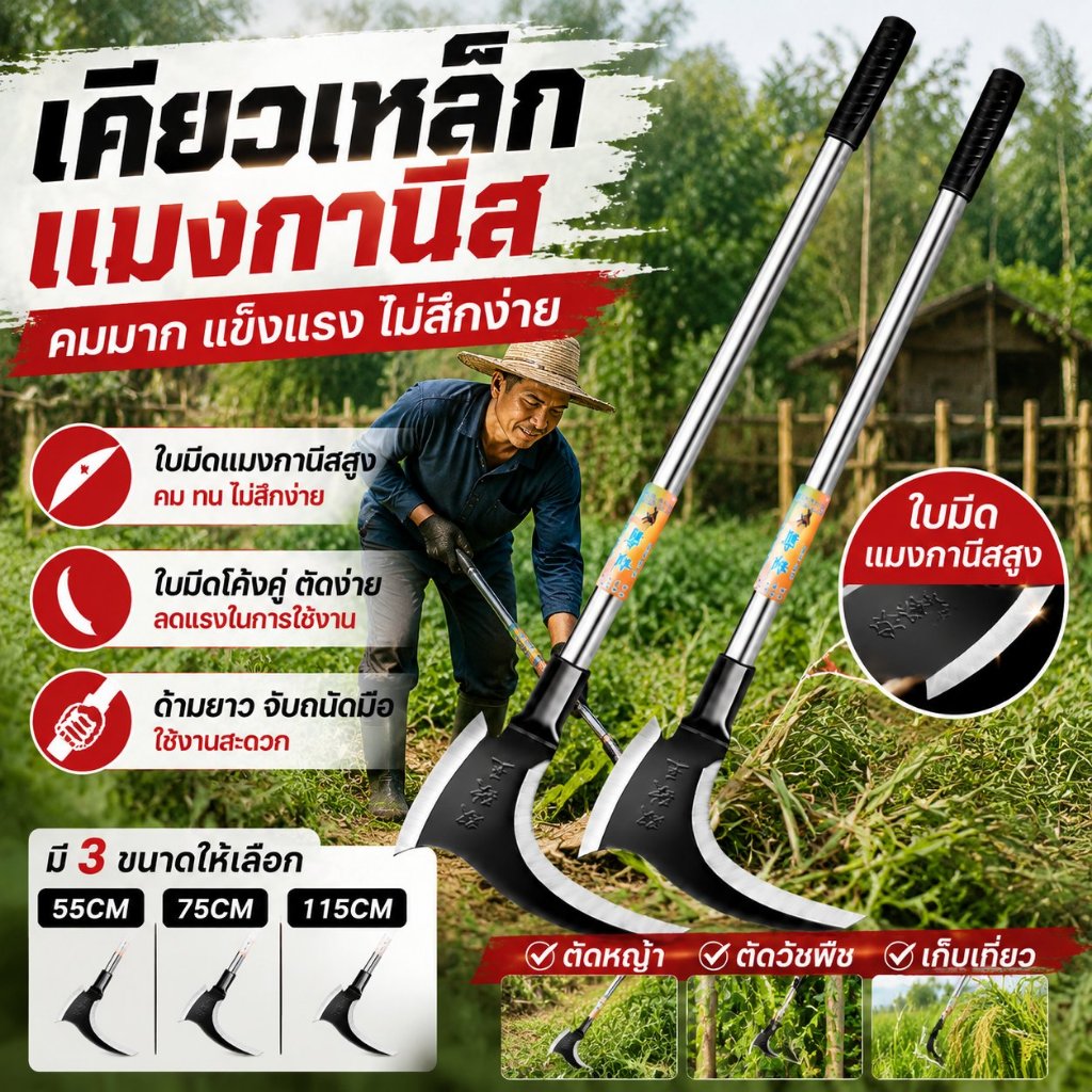 EOSM เคียว เคียวแมงกานีส 2in1เคียวเหล็ก SK-5 ตัดไม้ ตัดหญ้า ตัดแต่งกิ่ง อเนกประสงค์ เครื่องมือการเกษตร มีดคายหญ่า