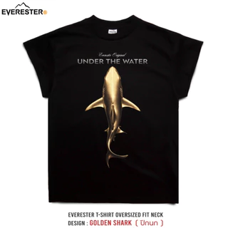 EVERESTER เสื้อยืด คอฟิต - แขนปีกนก วินเทจ Golden Shark Heavy Cotton เสื้อผู้ชาย Oversize สีดำ Wing