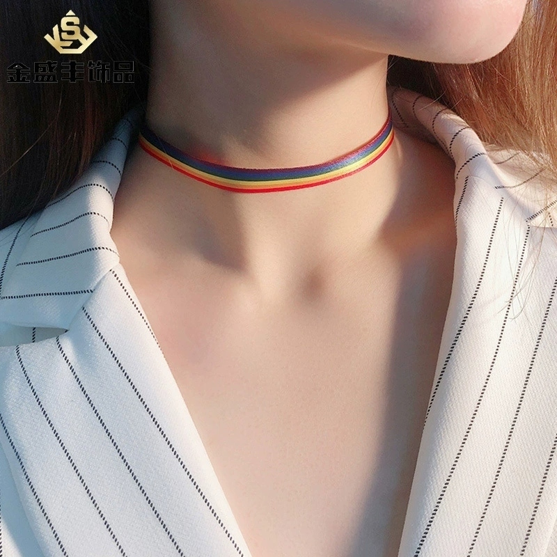 สร้อยคอโชกเกอร์ผ้า ลายสายรุ้ง 7 สี Rainbow Fabric Choker เครื่องประดับคอแฟชั่นเกาหลี แต่งตัวแนวสตรีท