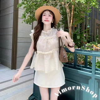 🔥aimorn_shop🔥 เสื้อคอกลม แต่งระบาย มีความฟรุ้งฟริ้งน่ารักมาก ผ้าบางพริ้ว ใส่สบายสุดๆ แมทช์ง่าย