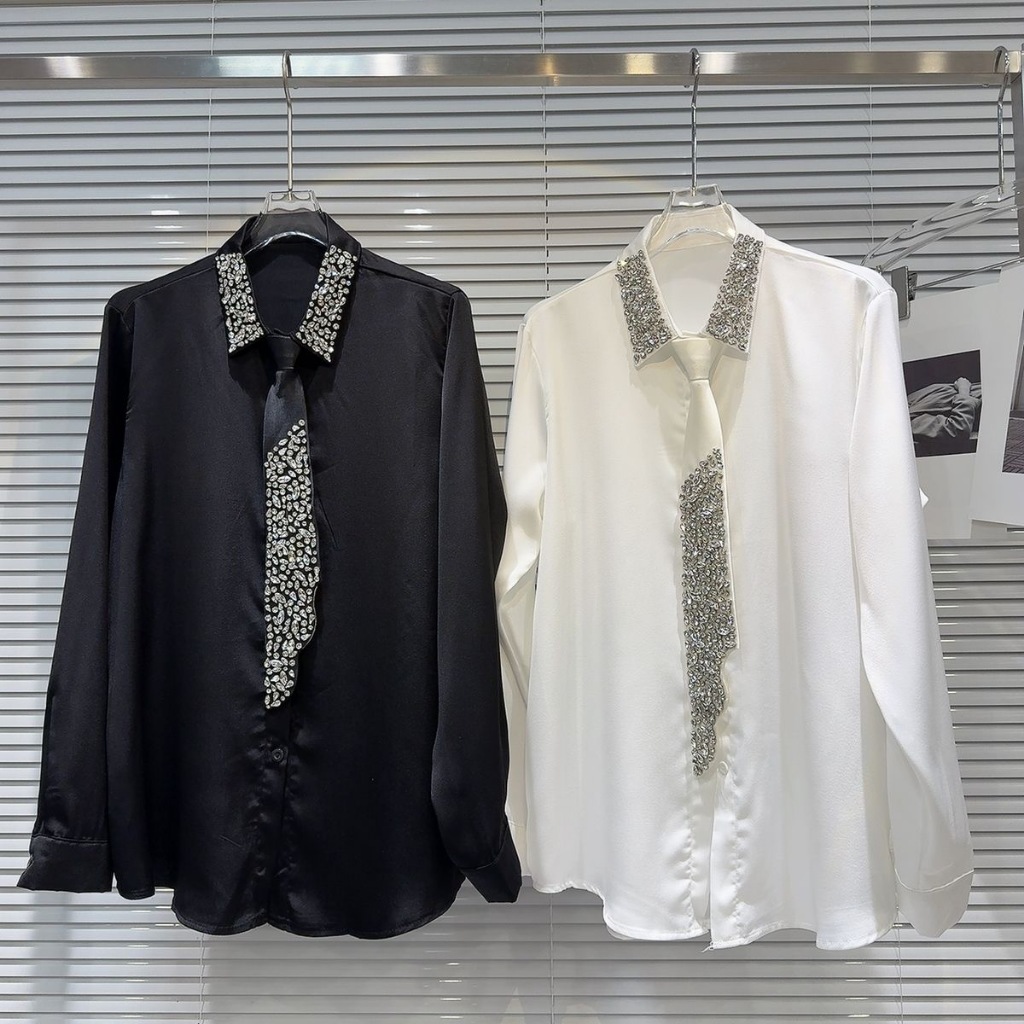 Dahong 99398 เสื้อเบลาส์สำหรับผู้หญิง สไตล์เกาหลี เสื้อเชิ้ตแขนยาว ผ้าซาติน ทรงหลวม คอปก เนื้อผ้าดีลื่นใส่สบาย