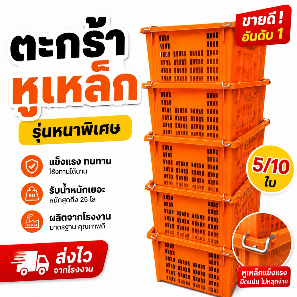 🧡(แพ็ค 5/10ใบ)สีส้ม ตะกร้าหูเหล็ก ตะกร้าผลไม้ 25kg ลังพลาสติ แข็ง ไม่กรอบ ส่งตรงโรงงานผลิตเอง