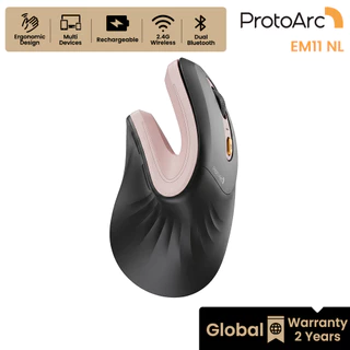 ProtoArc EM11 NL เมาส์แนวตั้ง Ergonomic ไร้สาย Bluetooth 2 ช่อง + 2.4G DPI 8000 ชาร์จได้ สีดำ-ชมพู รับประกัน 2 ปี