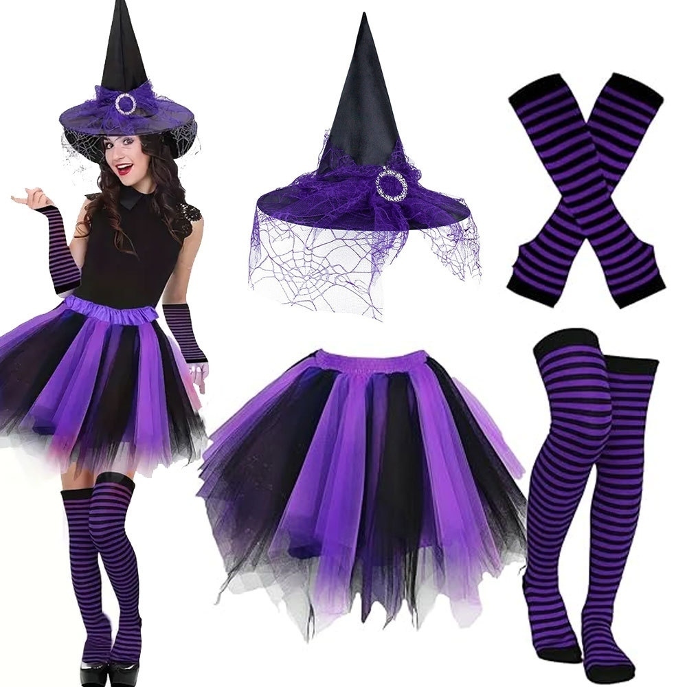 ชุดแม่มดแฟนซี สีม่วงดำ สไตล์โกธิค พร้อมหมวกและถุงเท้าใยแมงมุม Purple Witch Cosplay Outfit พรอพแต่งตั