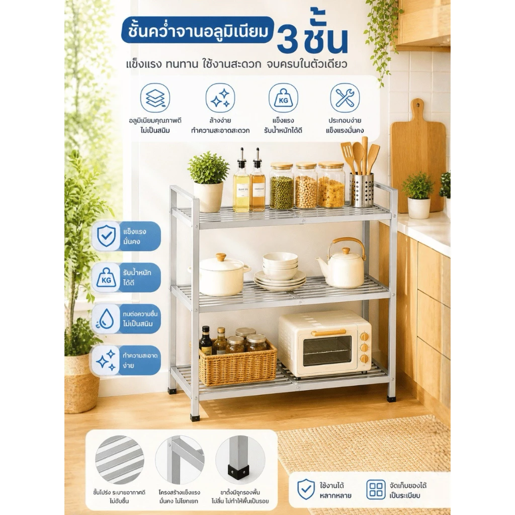 Vliving ชั้นคว่ำจานอลูมิเนียม 3ชั้น ขนาดกลาง#19
