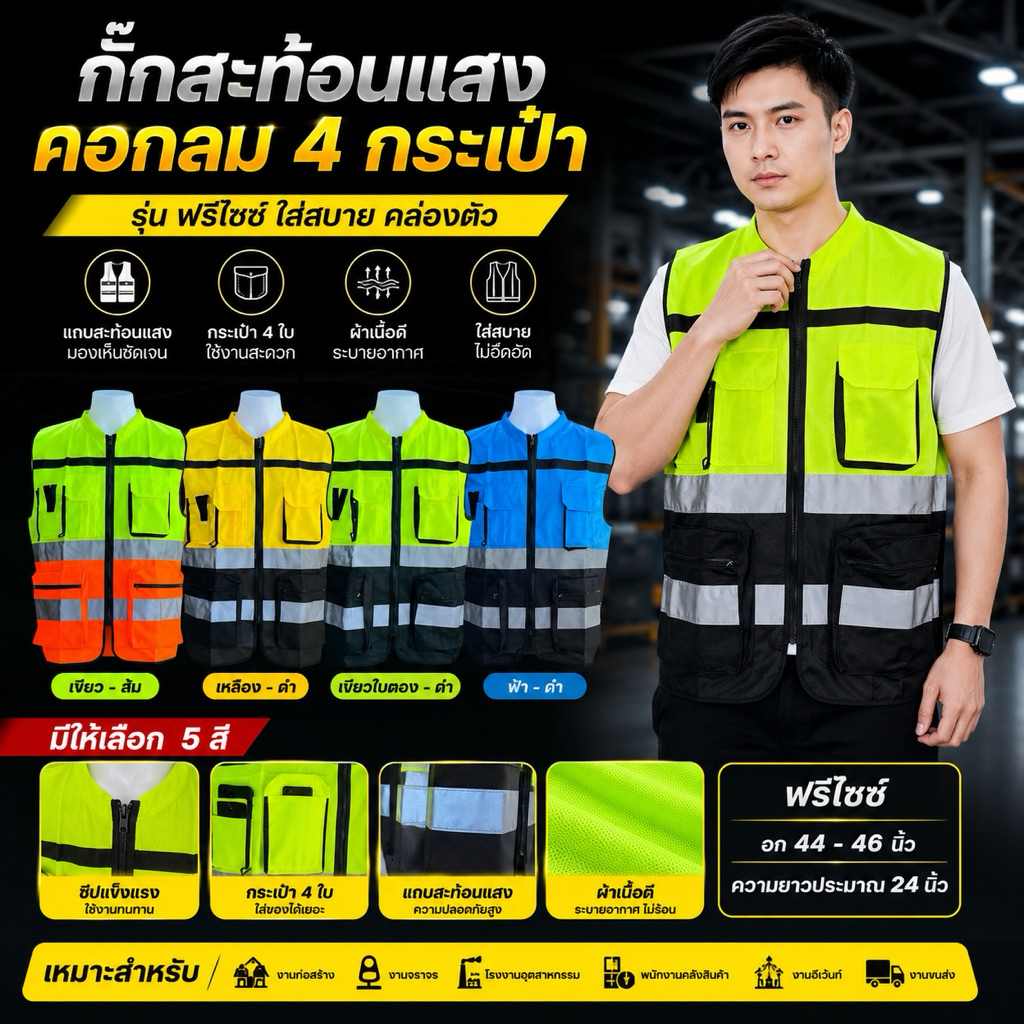 เสื้อกั๊กสะท้อนแสง คอกลม 4 กระเป๋า ฟรีไซซ์ แถบสะท้อนแสงรอบตัว เสื้อเซฟตี้ งานก่อสร้าง งานจราจร