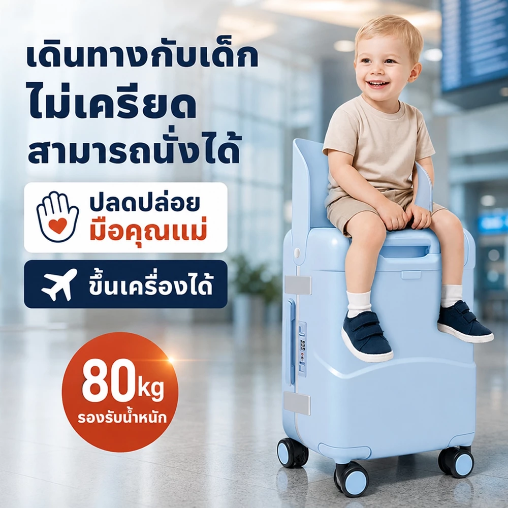 กระเป๋าเดินทางเด็ก 20นิ้ว ใช้ขึ้นเครื่องได้ ที่นั่งในตัว ล้อลาก360° เฟรมอลูมิเนียม น้ำหนักเบา พร้อมล็อค